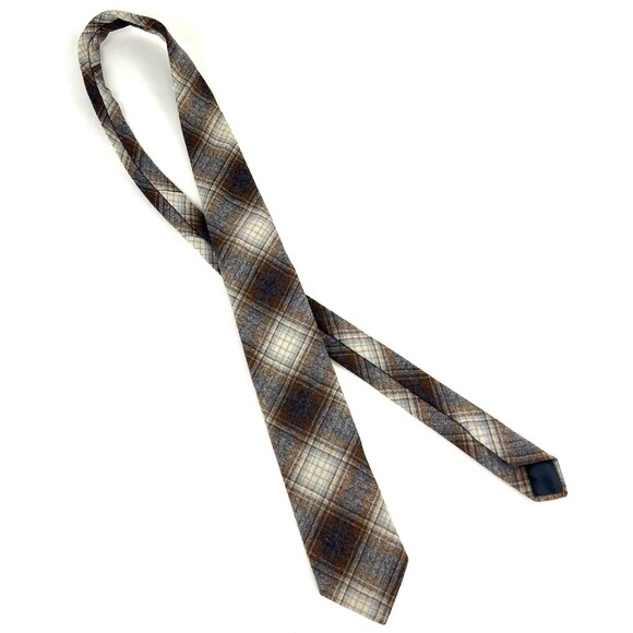 PENDLETON Plaid VINTAGE Wool Neck Tie Ivory Gray Rust Orange Short USA - Picture 2 of 6